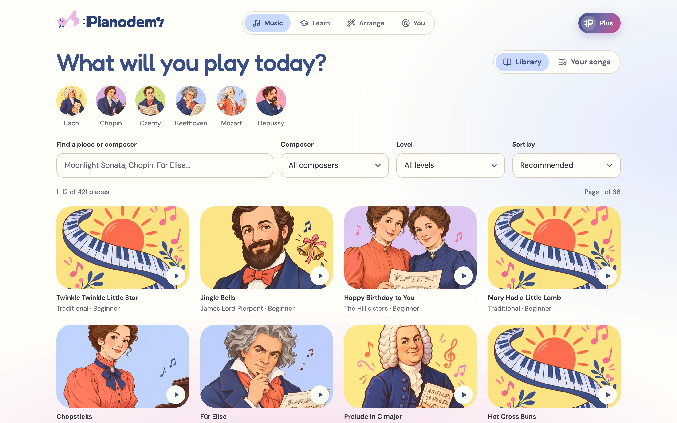 The Pianodemy music library: composers along the top, a search, and pieces like Twinkle Twinkle Little Star, Jingle Bells and Für Elise