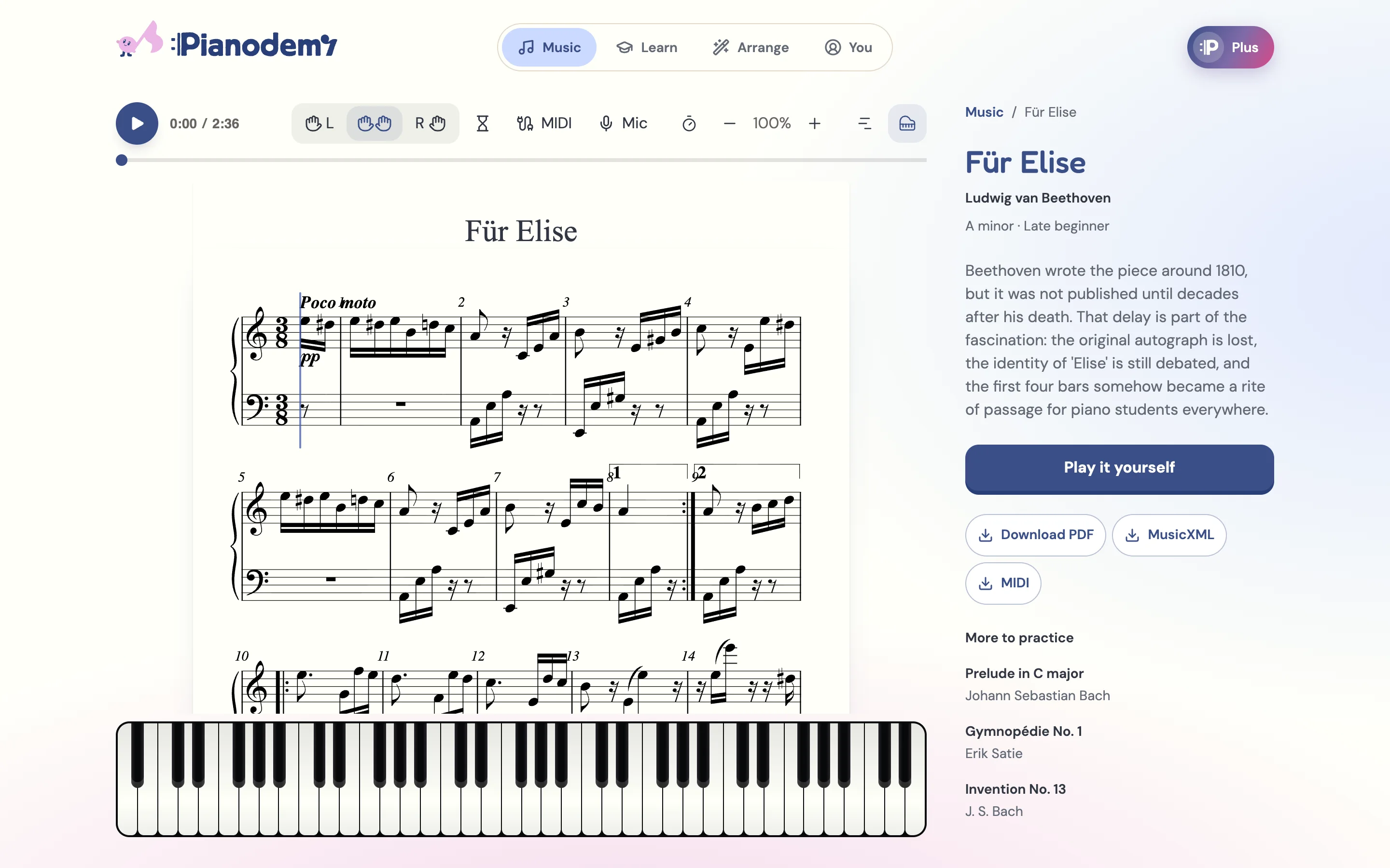 Für Elise in Pianodemy: the player, the sheet music, a piano keyboard and a few lines about the piece