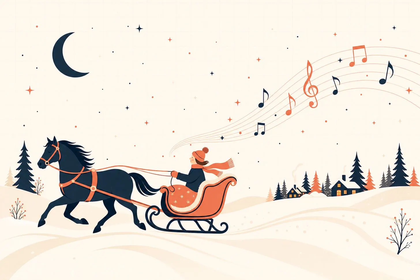 Flat coral and cream illustration of a horse-drawn sleigh gliding across snow with musical notes trailing behind it