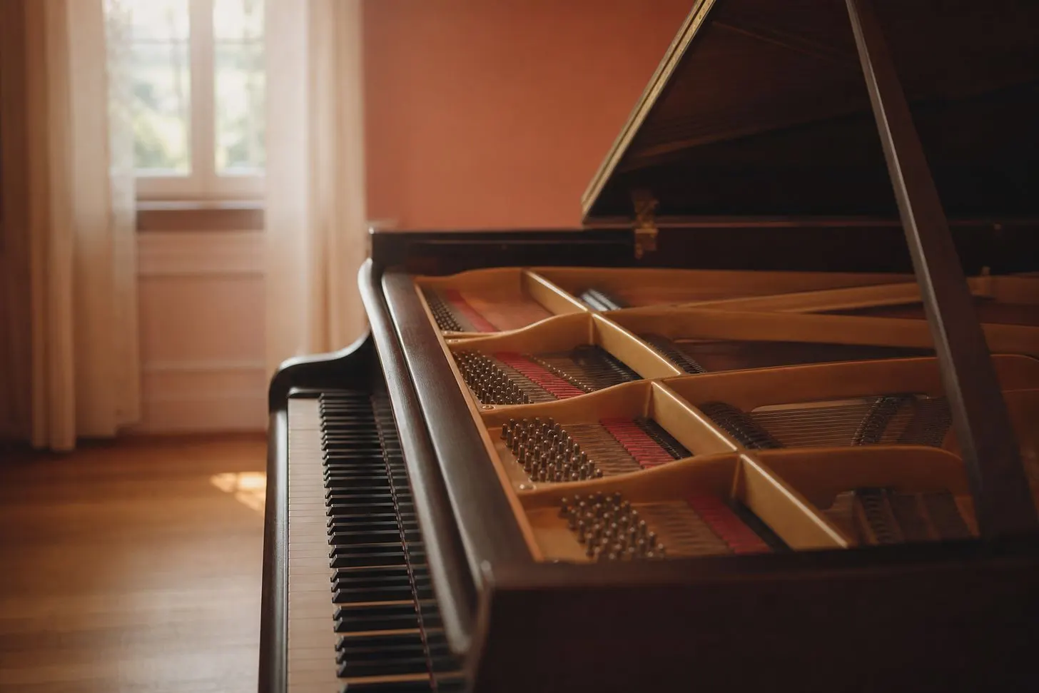 The open lid of a grand piano showing the strings and hammers in soft window light, no hands in frame