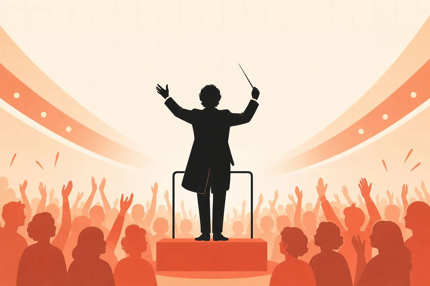 Flat coral and cream illustration of a conductor’s silhouette on a podium, back turned to a cheering audience, both arms raised with a baton