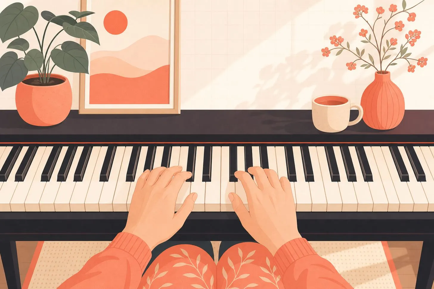 Illustration of a beginner's hands positioned over piano keys with the first few notes highlighted