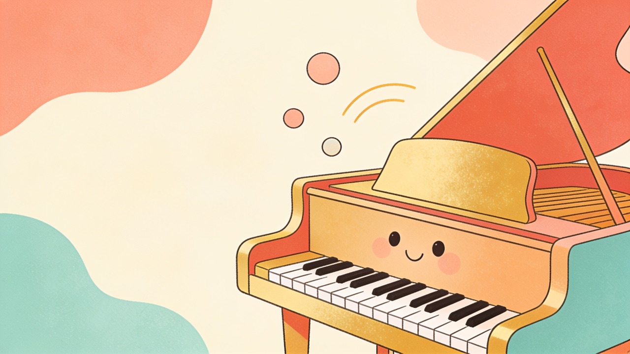 Open beginner piano sheet music on a wooden music stand with piano keys in warm light