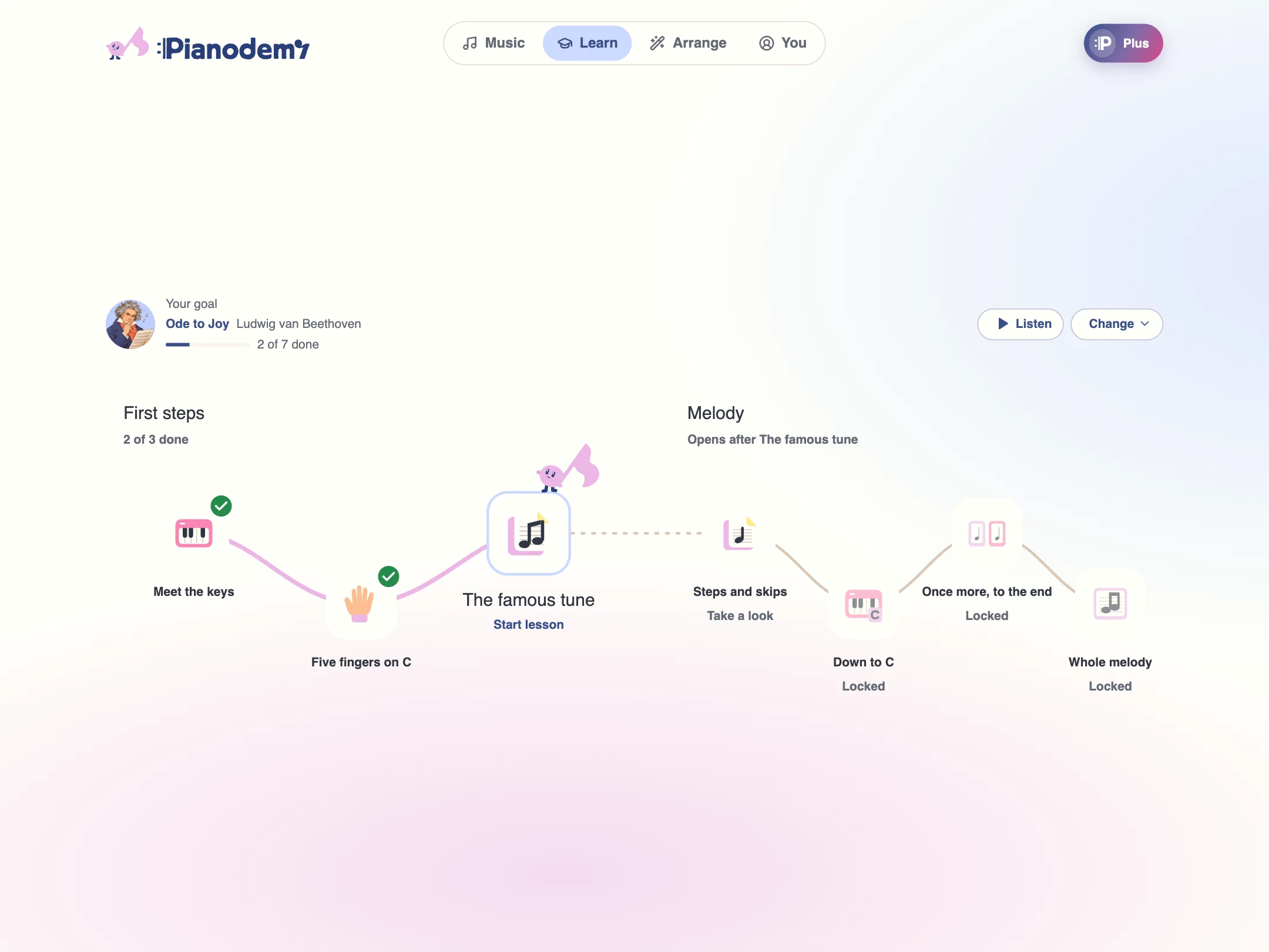 A learning path toward Ode to Joy in Pianodemy: two first steps done, The famous tune next, then the melody lessons