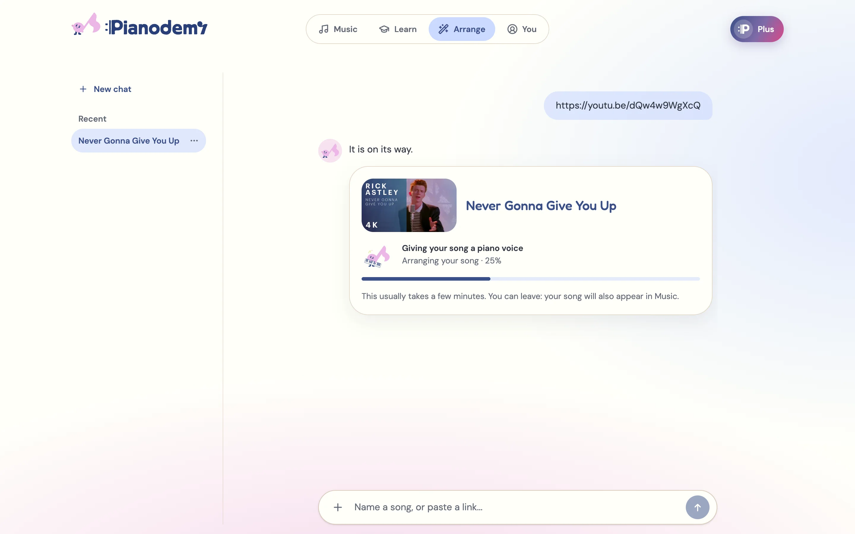 The Pianodemy arrange chat: a pasted YouTube link to Never Gonna Give You Up being arranged for piano, with Notka at the piano
