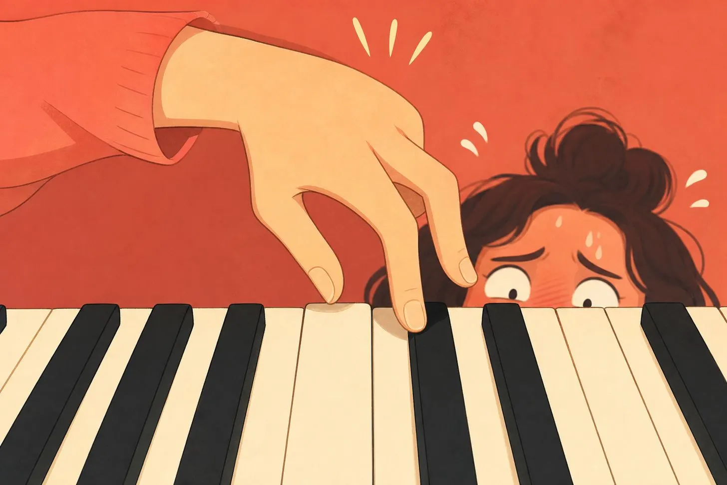 A frustrated cartoon-style illustration of a student’s hand hovering over a piano key, caught mid-hesitation between C natural and C sharp