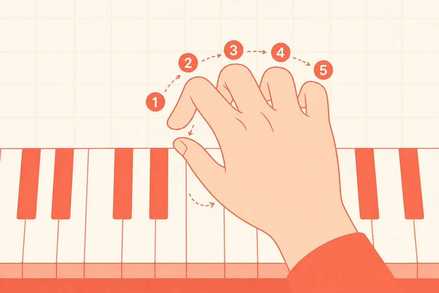 Flat illustration of a hand with numbered fingers positioned over piano keys, showing where the thumb tucks under during a major scale run