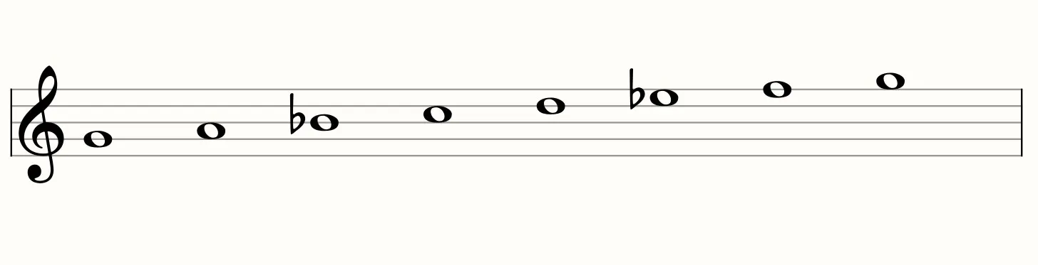 The G natural minor scale notated ascending on the treble staff, G to G, with B flat and E flat marked