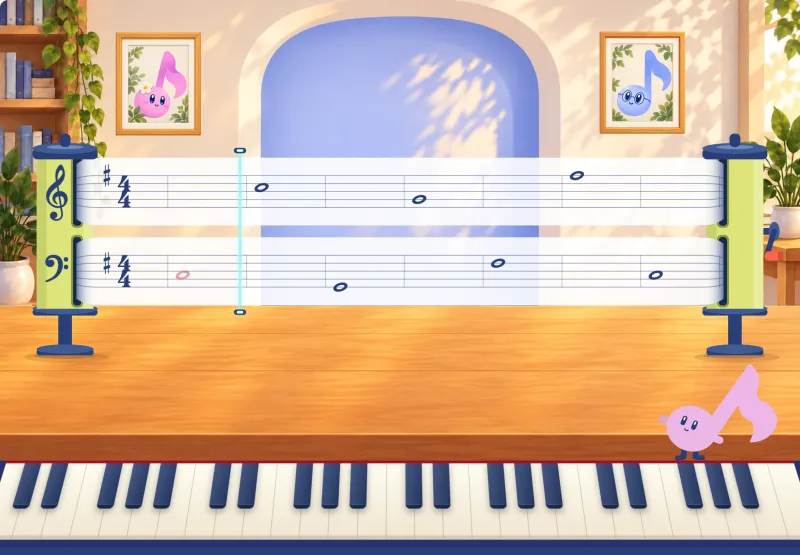 Clef Chase: notes on a staff above a piano keyboard