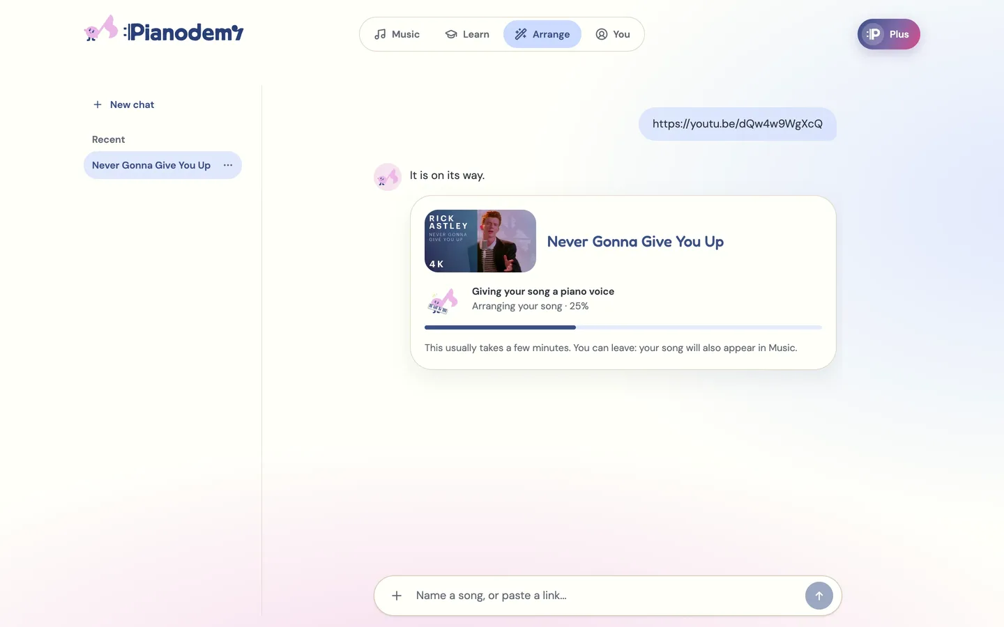 The Pianodemy arrange chat, with a pasted YouTube link to Never Gonna Give You Up being arranged for piano