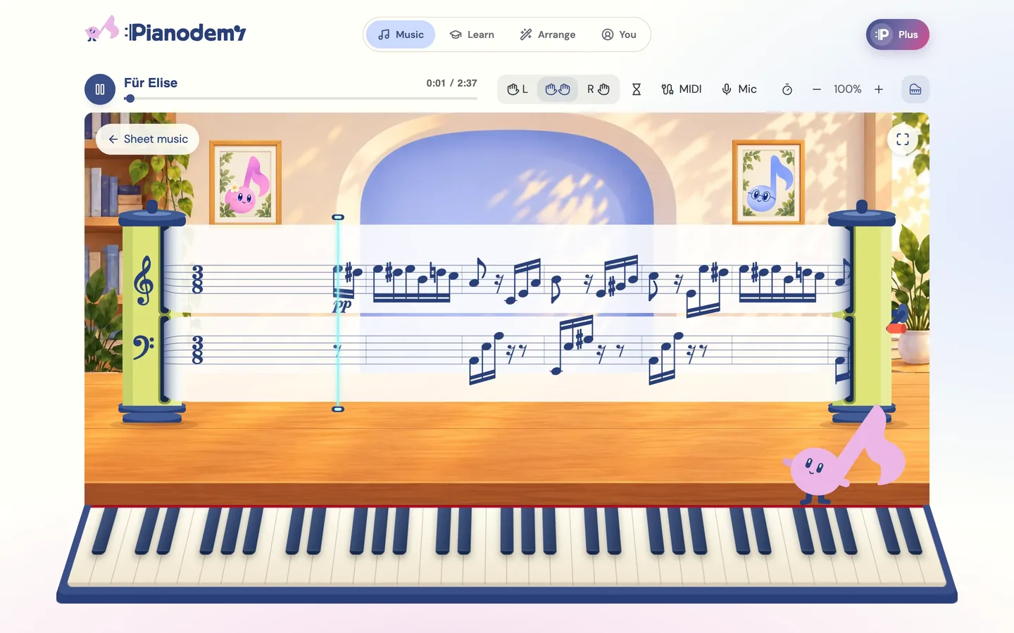 Für Elise as a game in the Pianodemy app: the score on a scroll between two rollers above a piano keyboard