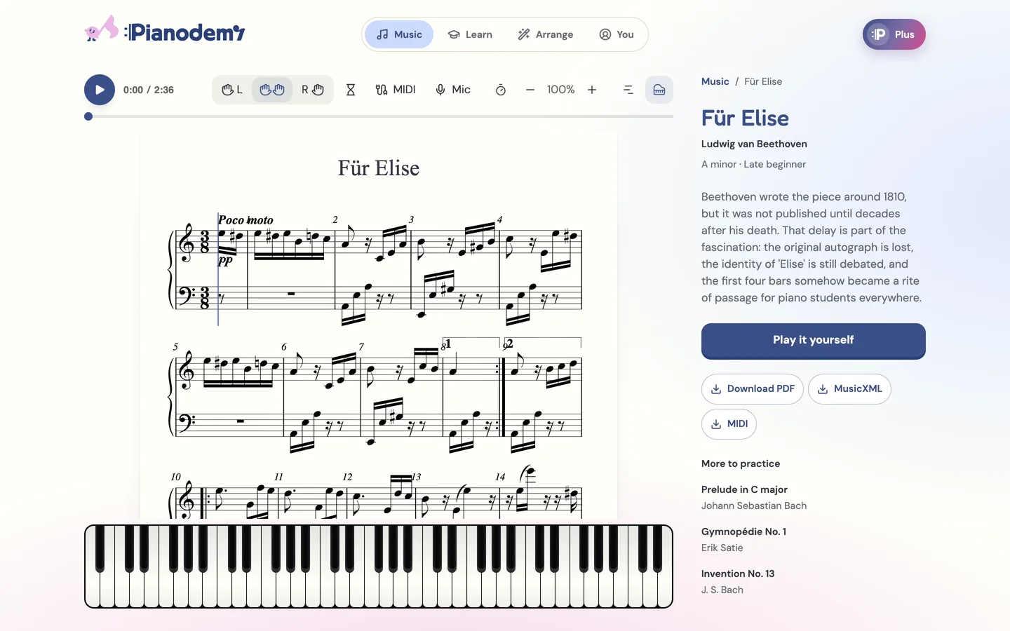 Für Elise in the Pianodemy app: the player, the sheet music, a piano keyboard and a few lines about the piece