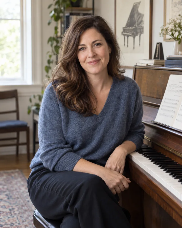 Example piano teacher Amelia Hart in her studio