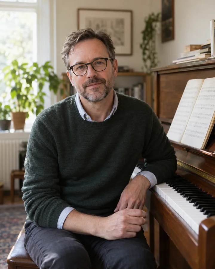 Example piano teacher Jon Bell beside his upright piano